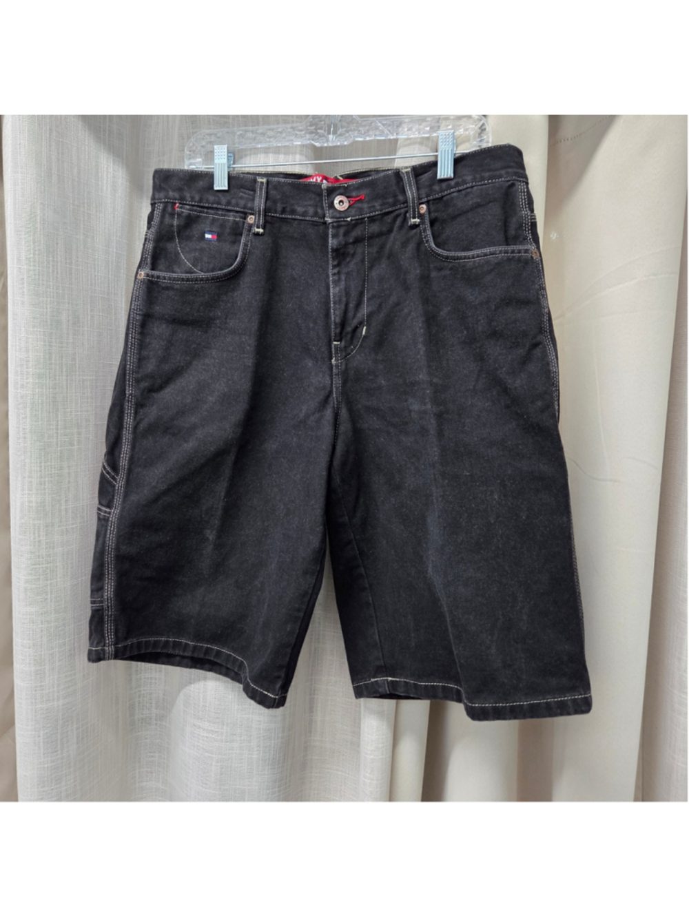 Vtg Y2K Tommy Jeans American Standard Black Denim Carpenter Shorts Jorts Sz 34